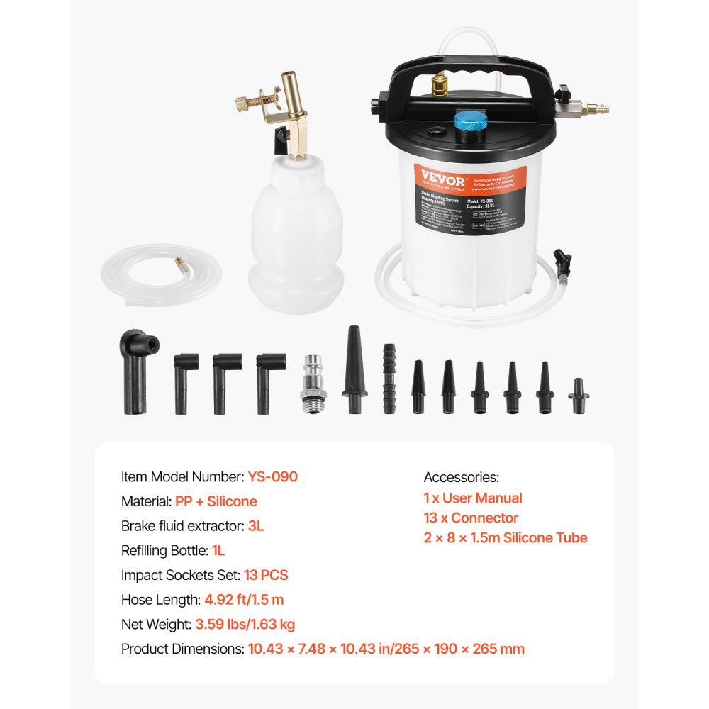 YS-090 - 3L Pneumatic Brake Fluid Extractor with 13 Connectors