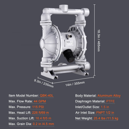 QBK-40L - Durable Air Diaphragm Pump, 1-1/2" Inlet, 44 GPM, Leak-Resistant