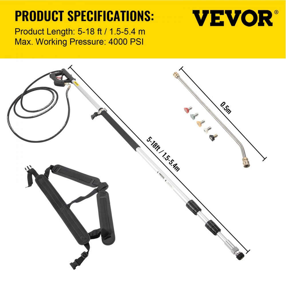 VV-TWW-18 - 18ft Telescoping Pressure Washer Wand with 5 Spray Nozzles