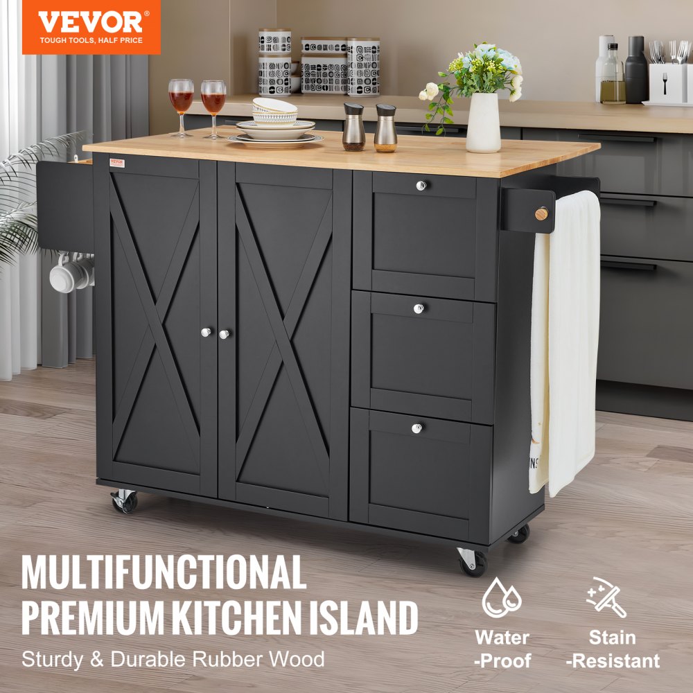 SR221265BK - VEVOR Rolling Kitchen Island Cart with 3 Drawers & Adjustable Shelves