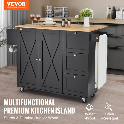 SR221265BK - VEVOR Rolling Kitchen Island Cart with 3 Drawers & Adjustable Shelves