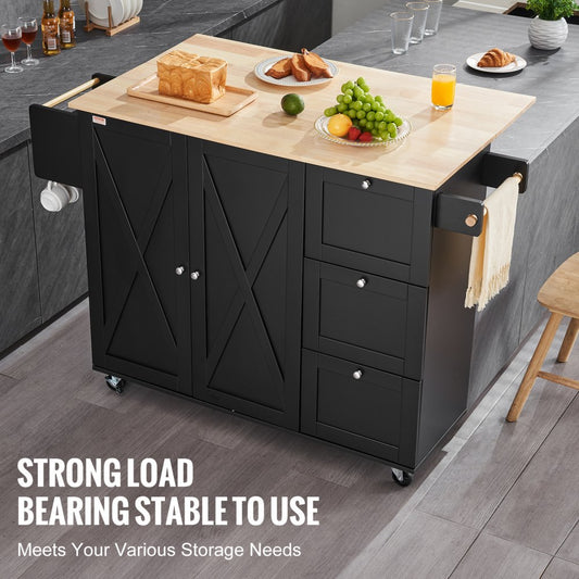 SR221265BK - VEVOR Rolling Kitchen Island Cart with 3 Drawers & Adjustable Shelves