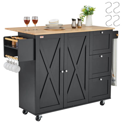 SR221265BK - VEVOR Rolling Kitchen Island Cart with 3 Drawers & Adjustable Shelves