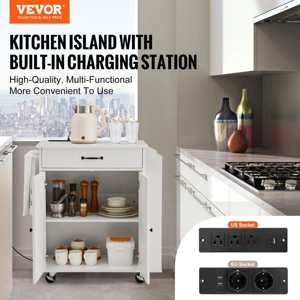 YS23354ss - Rolling Kitchen Island Cart with Charging Station & Adjustable Shelf