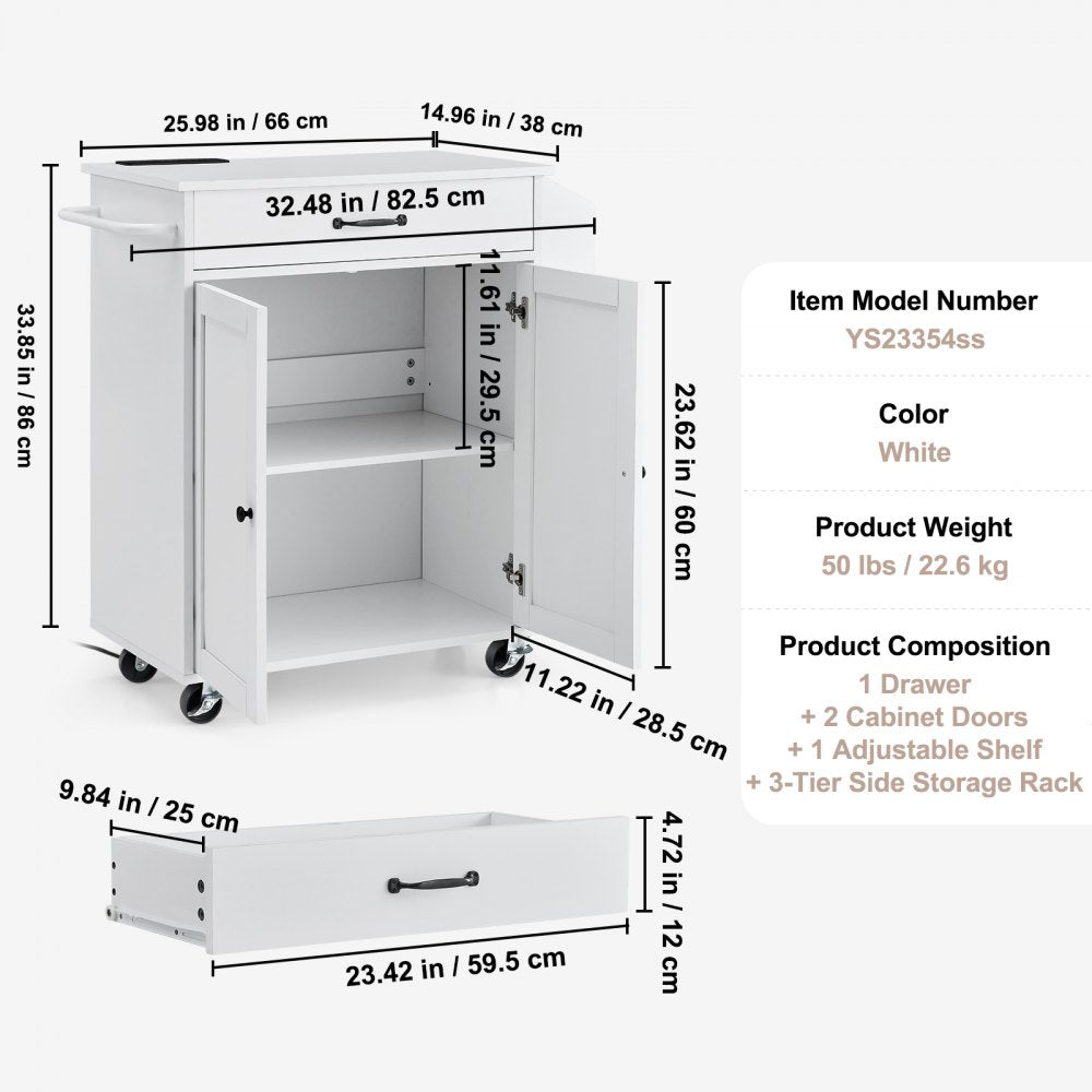 YS23354ss - Rolling Kitchen Island Cart with Charging Station & Adjustable Shelf