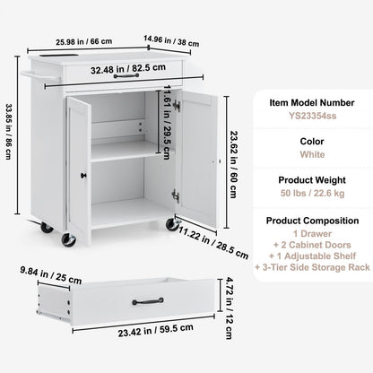 YS23354ss - Rolling Kitchen Island Cart with Charging Station & Adjustable Shelf
