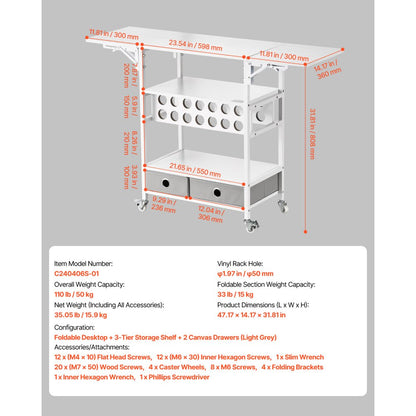 C240406S-01 - 47” Rolling Craft Cart with Drawers & Vinyl Storage