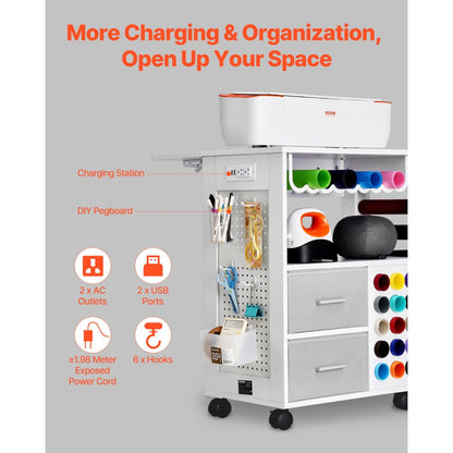 C240405S-01 - Versatile Rolling Craft Cart with Charging Station and 15 Vinyl Holders