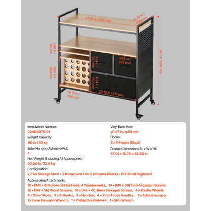 C240407S-01 - Versatile Rolling Craft Cart with 3 Drawers & 20 Vinyl Holders