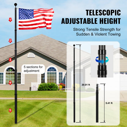 UP-QGSS20 - 20FT Adjustable Aluminum Flagpole Kit for All Weather Conditions