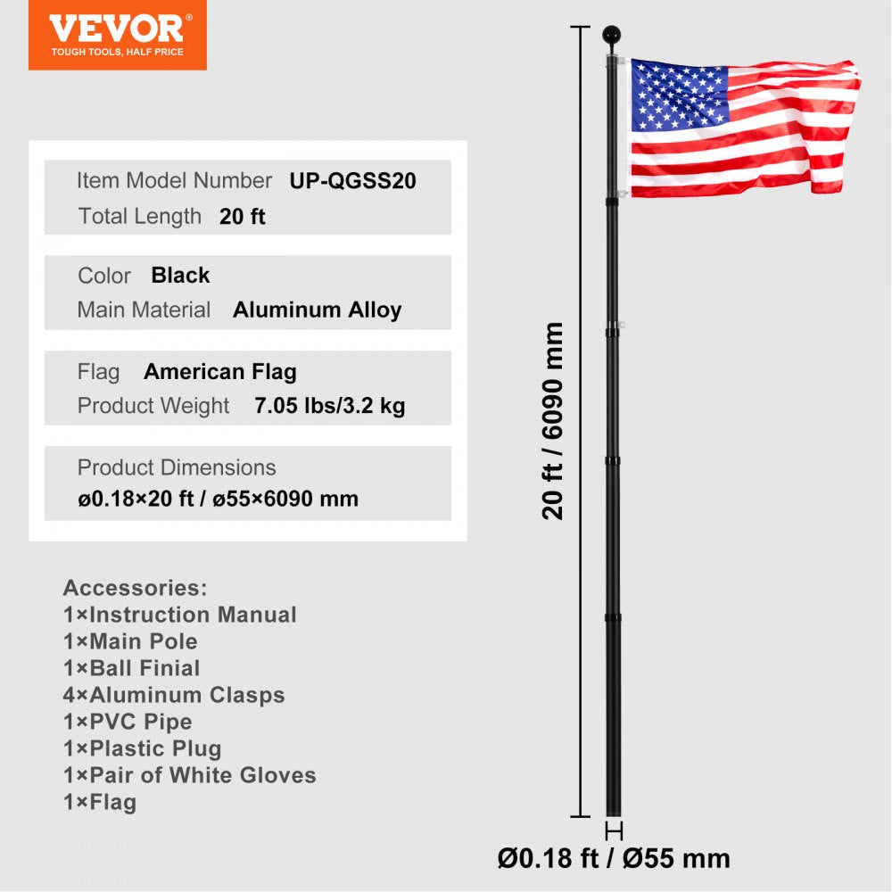 UP-QGSS20 - 20FT Adjustable Aluminum Flagpole Kit for All Weather Conditions