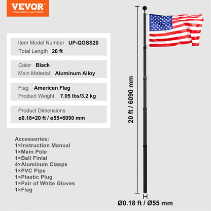 UP-QGSS20 - 20FT Adjustable Aluminum Flagpole Kit for All Weather Conditions