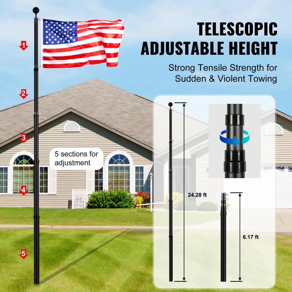 UP-QGSS25 - 25ft Telescopic Aluminum Flagpole Kit with American Flag