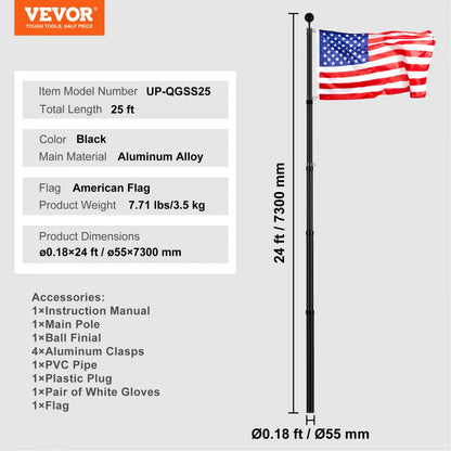 UP-QGSS25 - 25ft Telescopic Aluminum Flagpole Kit with American Flag