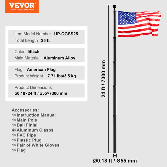 UP-QGSS25 - 25ft Telescopic Aluminum Flagpole Kit with American Flag