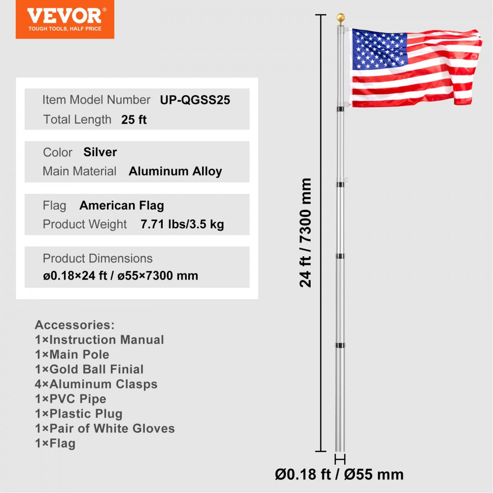 UP-QGSS25 - 25FT Telescoping Aluminum Flag Pole Kit for All Weather