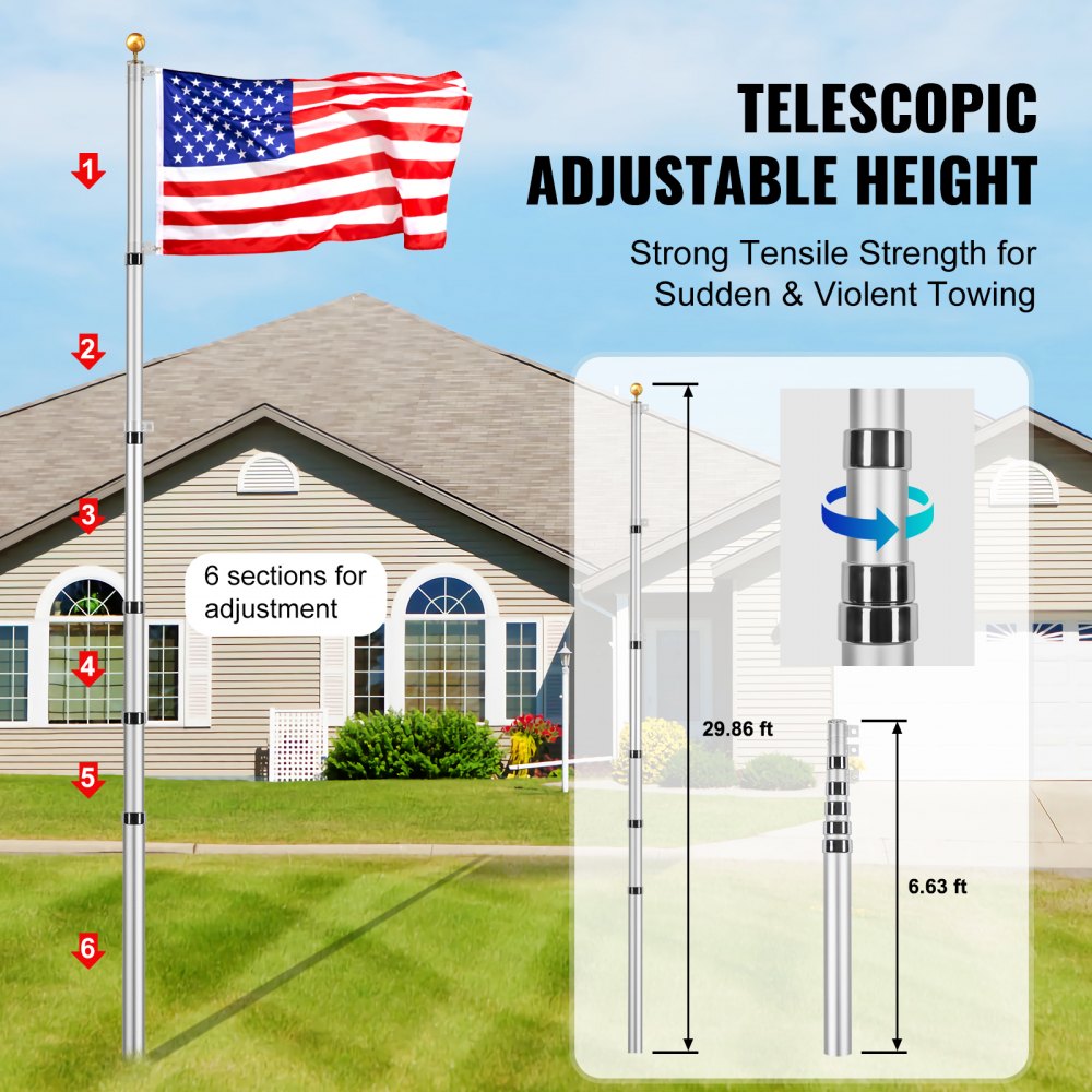 UP-QGSS30 - 30FT Durable Telescoping Flag Pole with Twist-Lock Mechanism