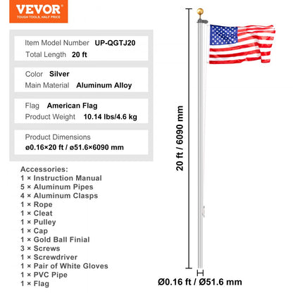 UP-QGTJ20 - 20ft Aluminum Flagpole Kit - Durable, Rust-Resistant & Lightweight