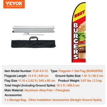 FLB-4.5-1C - 16.3ft VEVOR Feather Flag for Burgers, Weather-Resistant