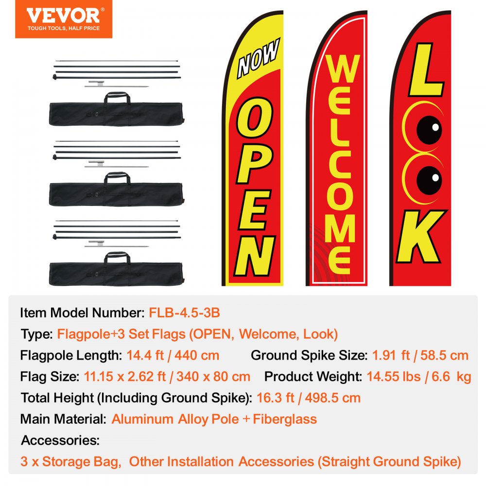 FLB-4.5-3B - 16.3ft Outdoor Open Flags Kit for Business Visibility