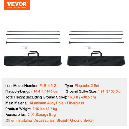 FLB-4.5-2 - Durable 16.3 ft Aluminum Feather Flag Pole Kit