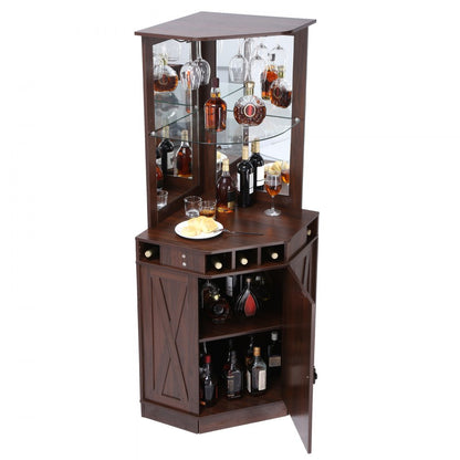 07921001005010101 - Sturdy Corner Bar Cabinet with Adjustable Shelves and Glass Holder
