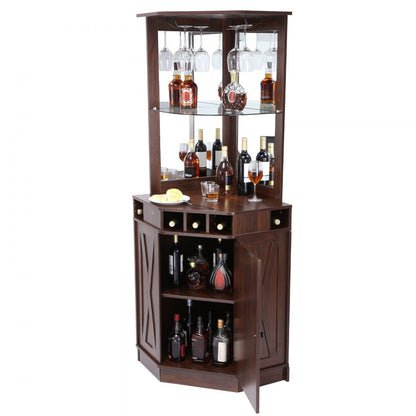 07921001005010101 - Sturdy Corner Bar Cabinet with Adjustable Shelves and Glass Holder