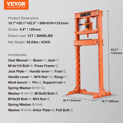 010502560040 - 12 Ton H-Frame Hydraulic Shop Press, Adjustable 1.6" to 27.8"