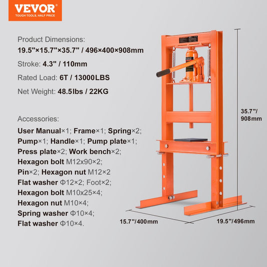010739784408 - Compact 6 Ton Hydraulic Press for Efficient Workshop Use