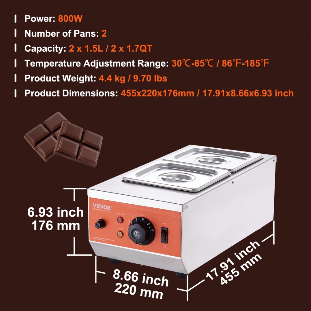 CS-2-US - Compact 9 lbs Stainless Steel Chocolate Melter with Temp Control
