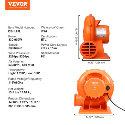 DS-1.25L - VEVOR 950W Inflatable Blower for Quick Bounce House Setup