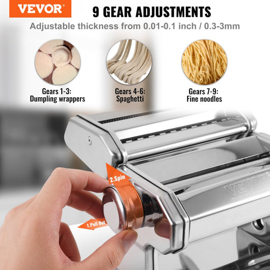 QZ-T - VEVOR Manual Pasta Maker, Stainless Steel, Adjustable Thickness for Spaghetti & Lasagna
