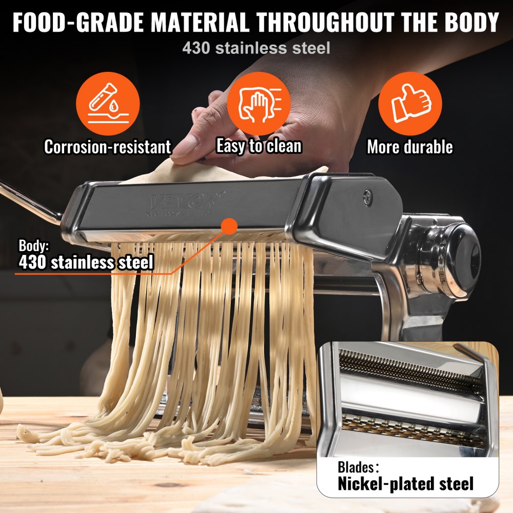 QZ-T - VEVOR Manual Pasta Maker, Stainless Steel, Adjustable Thickness for Spaghetti & Lasagna