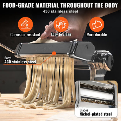 QZ-T - VEVOR Manual Pasta Maker, Stainless Steel, Adjustable Thickness for Spaghetti & Lasagna