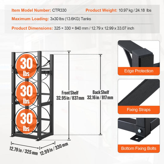 CTR330 - Sturdy 3-Tank Steel Rack for 30 lb. Refrigerant Cylinders
