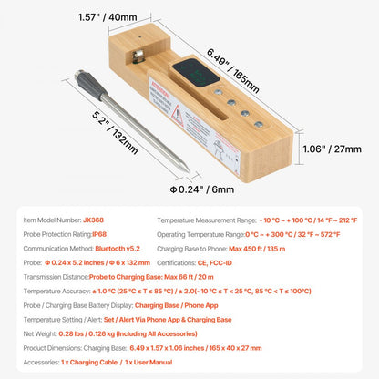 JX368 - Bluetooth Meat Thermometer with 500 ft Range & App Integration