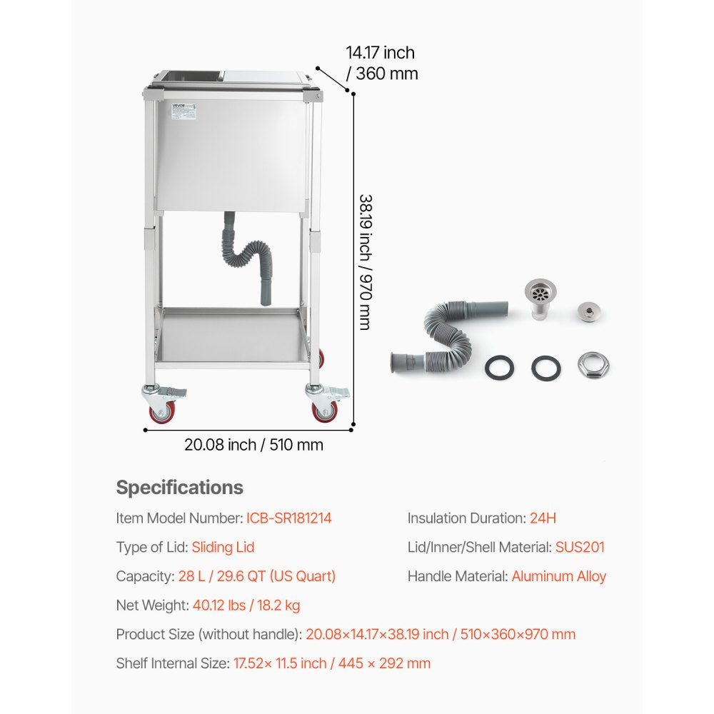 ICB-SR181214 - Stainless Steel Rolling Ice Chest Cooler Cart with 24+ Hour Insulation