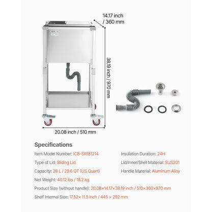 ICB-SR181214 - Stainless Steel Rolling Ice Chest Cooler Cart with 24+ Hour Insulation