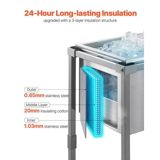 ICB-FR201412 - Large Stainless Steel Rolling Ice Chest Cooler with 24hr Insulation