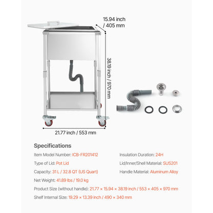 ICB-FR201412 - Large Stainless Steel Rolling Ice Chest Cooler with 24hr Insulation