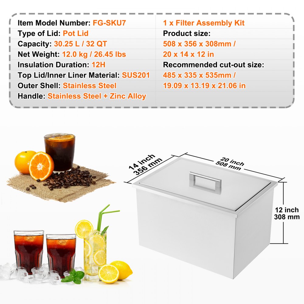ICB-F201412 - Durable Stainless Steel Ice Bin with 12-Hour Insulation