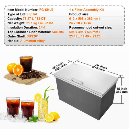 FG-SKU3 - 24"L Stainless Steel Drop-In Ice Bin for Outdoor Kitchens