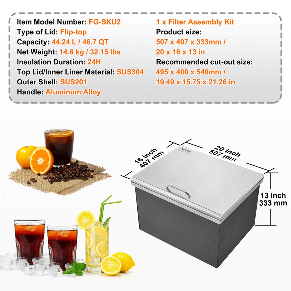 FG-SKU2 - 46.7qt Stainless Steel Drop-In Ice Chest for Outdoor Events