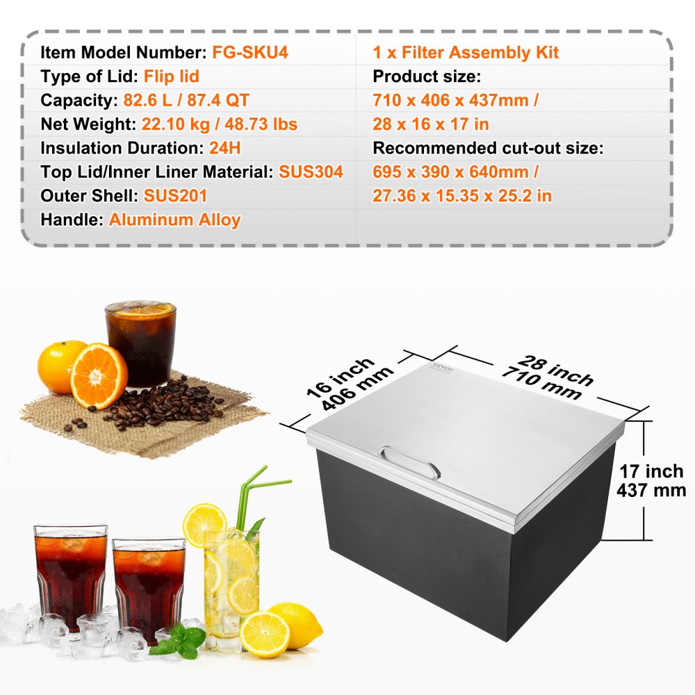 FG-SKU4 - 40qt Stainless Steel Drop-In Ice Cooler for Outdoor Use