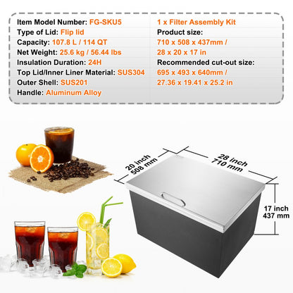 FG-SKU5 - 28" Stainless Steel Drop-In Ice Chest for Outdoor Entertainment