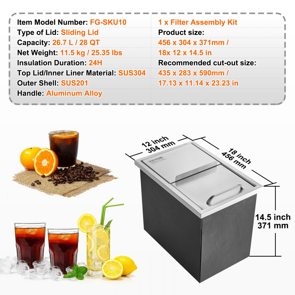 FG-SKU10 - 28QT Stainless Steel Outdoor Ice Chest with Sliding Cover