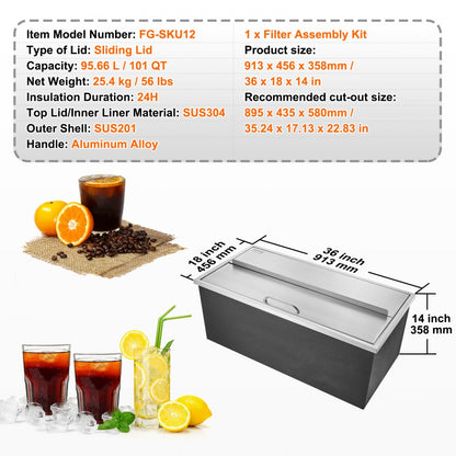 FG-SKU12 - 36"L Stainless Steel Drop-In Ice Chest for Outdoor Use