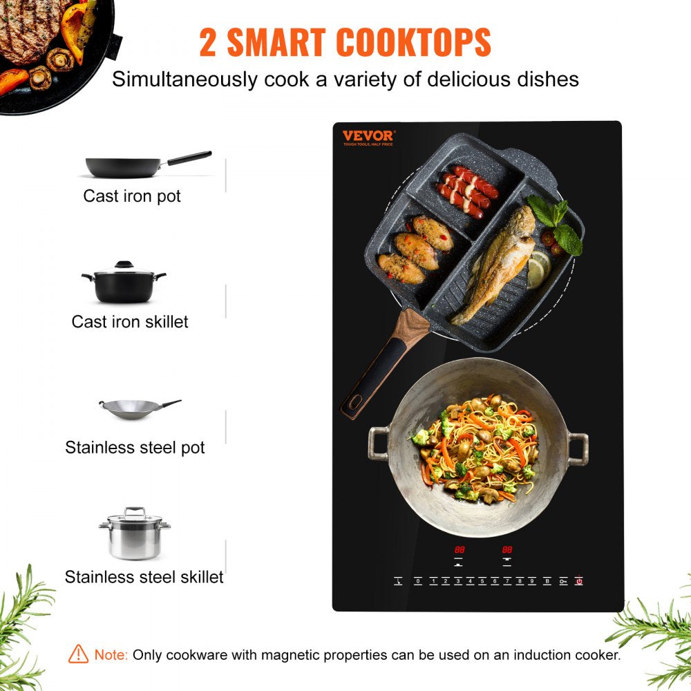 LI2V-30 - Fast Heating 12'' Induction Cooktop with 2 Burners & Safety Lock