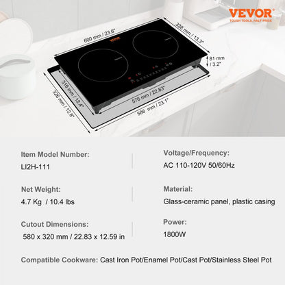 LI2H-111 - 2-Burner Induction Cooktop with Touch Control and Black Glass Design