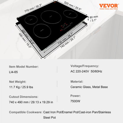 LI4-65 - 30'' VEVOR 4-Burner Induction Cooktop with 7500W Power